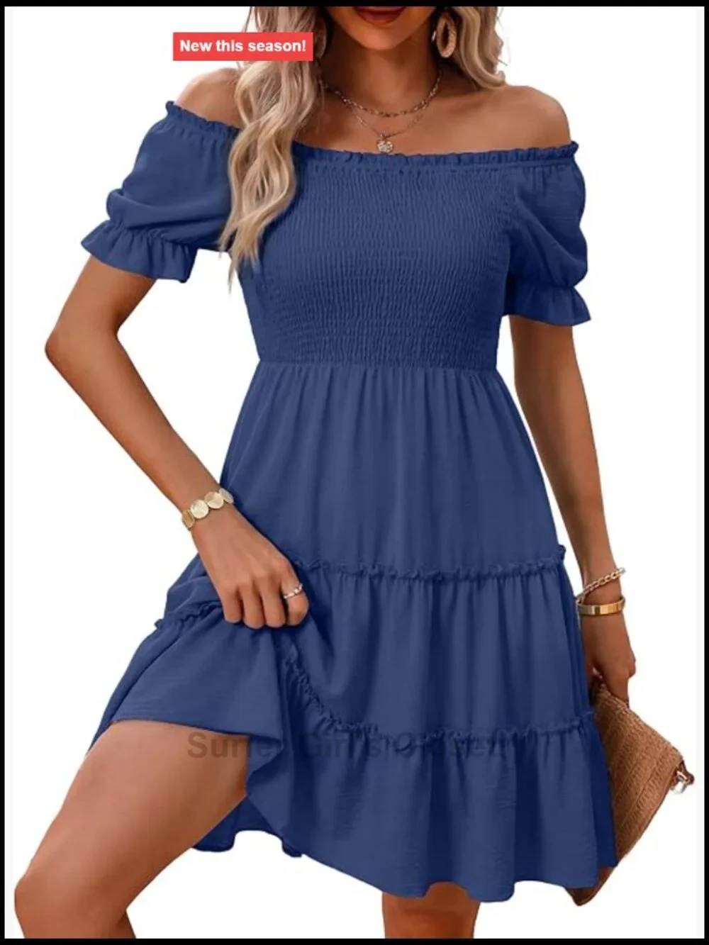 Women's Off Shoulder Smocked Mini Dress Puff Sleeve A-Line